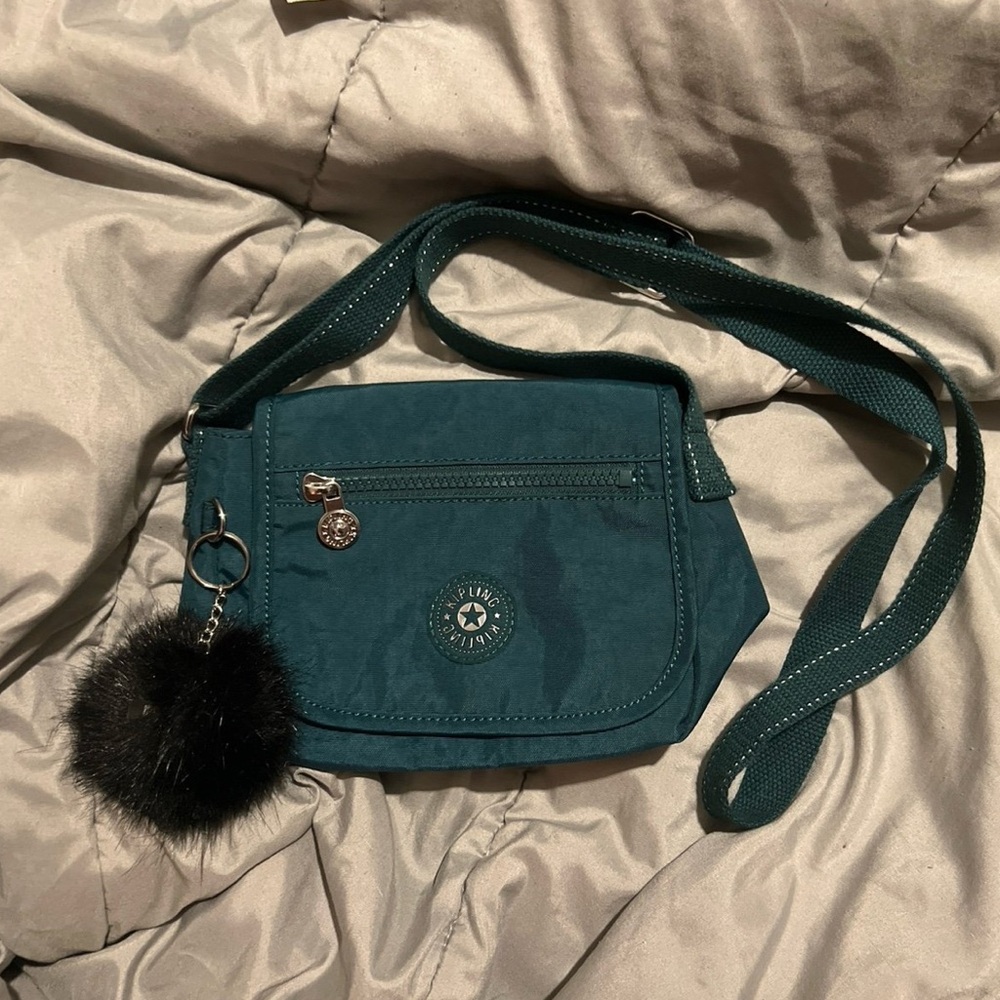 Kipling Teal Crossbody Bag with Pom-Pom